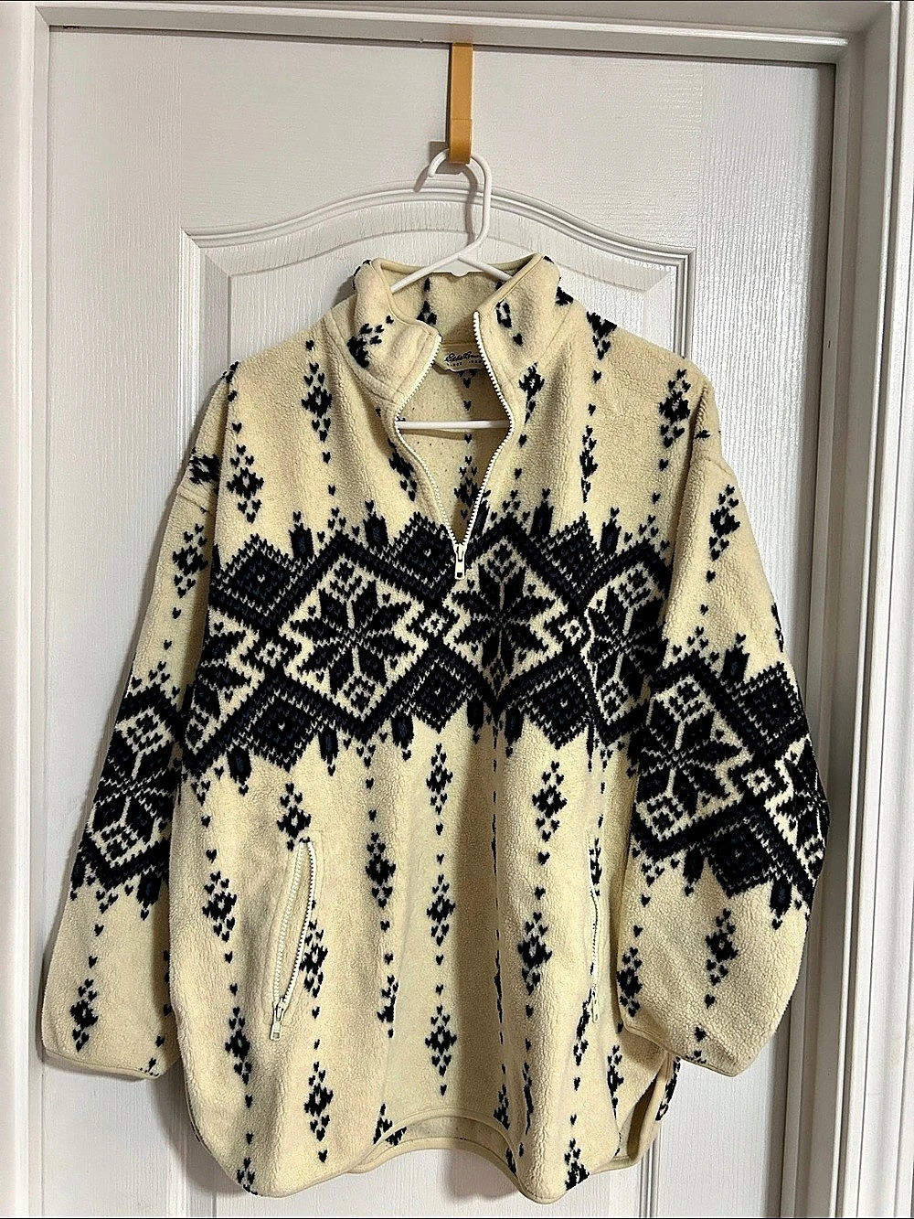 Eddie Bower Geometric Aztec vintage Fleece jacket in Cream & Black Size Larg
